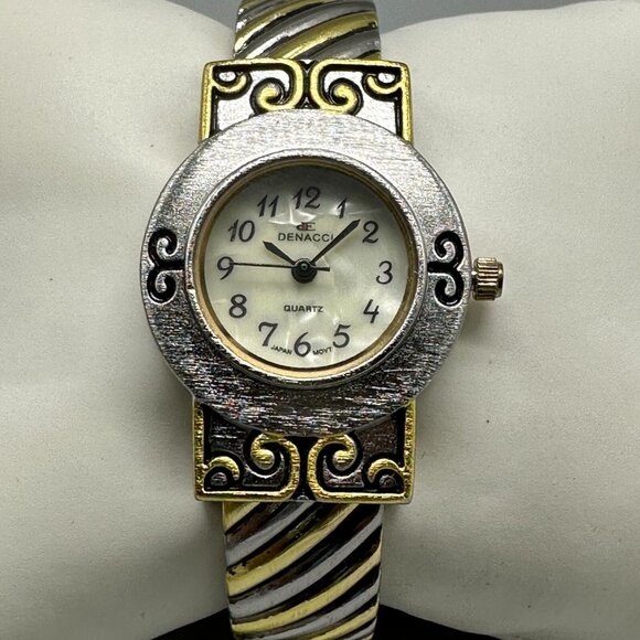 3/$30 Denacci Watch Women Silver Gold Two Tone Ribbed Hinged Cuff Band - Picture 1 of 11